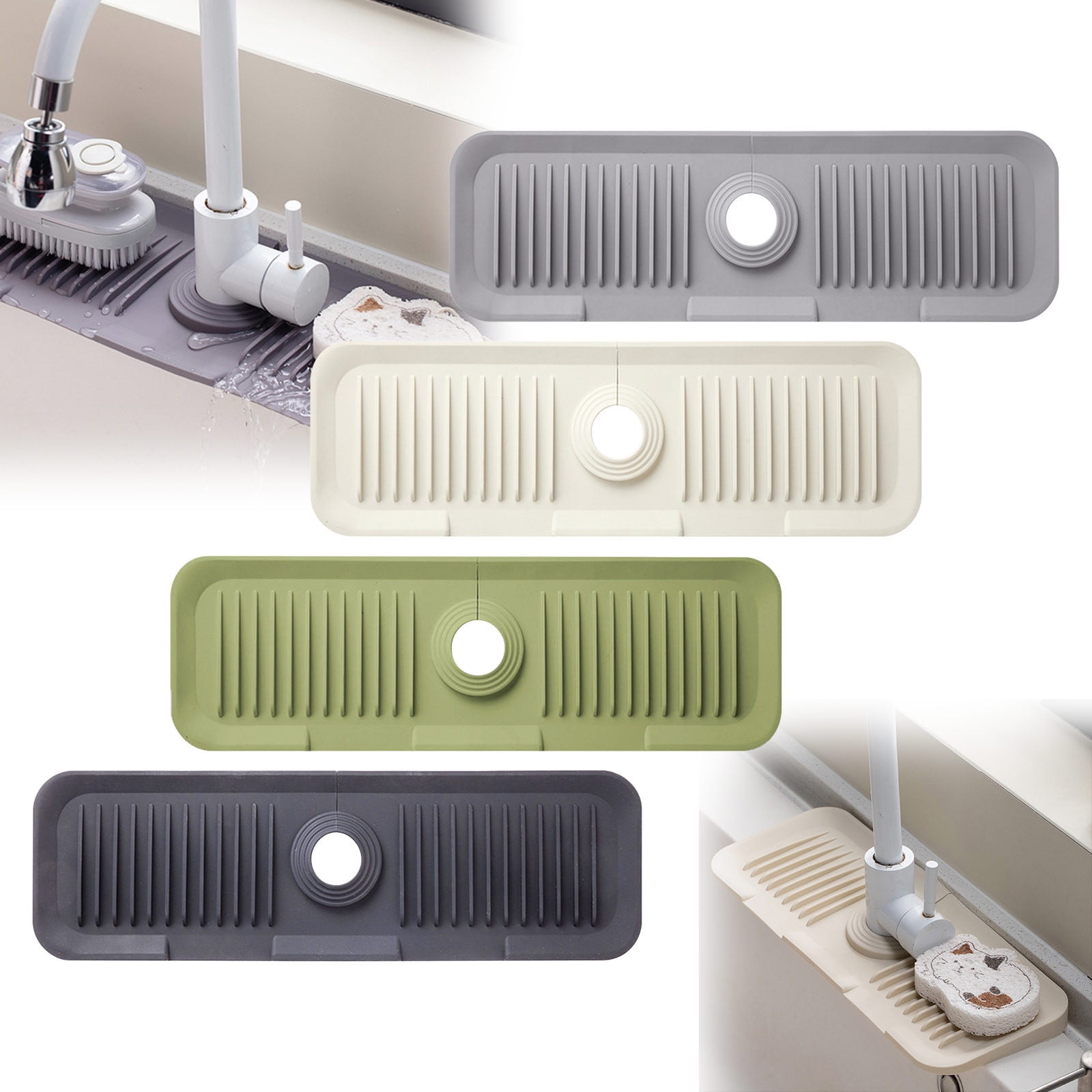 CQCYD 4Pcs Silicone Faucet Mat Guard, Fast Drying Sink Draining Tray, Stone Texture Sink Protector Mat for Kitchen Bathroom, Water Splash Guard, Countertop Organizer, Dish Soap Sponge Holder
