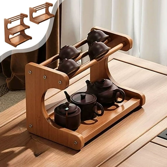 CQCYD under $5 2 Tier Matcha Station Shelf Bamboo Coffee Mug Stand Countertop Storage Rack, Double Layer Wood Office Cup, Kitchen, Tea, Plant, Bar Accessories Condiment Display
