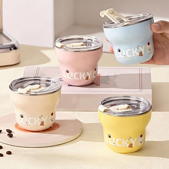 CQCYD Under $5 4Pcs Mini 304 Stainless Steel Coffee Cup, 270ML Small Cute Graphic Print Drink Mug, Portable Leakproof Lid Reusable Tumbler for Office Home Daily Use