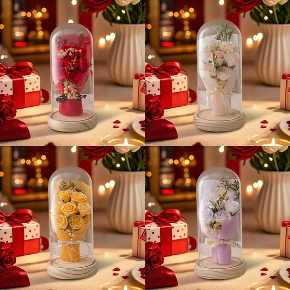 CQCYD under $5 4Pcs Preserved Rose Bouquet, Preserved Rose Flower Bouquet, Eternal Rose Arrangement in Glass Dome, Romantic Gift for Anniversary, Long Lasting Rose Flowers, Luxury Home Decor