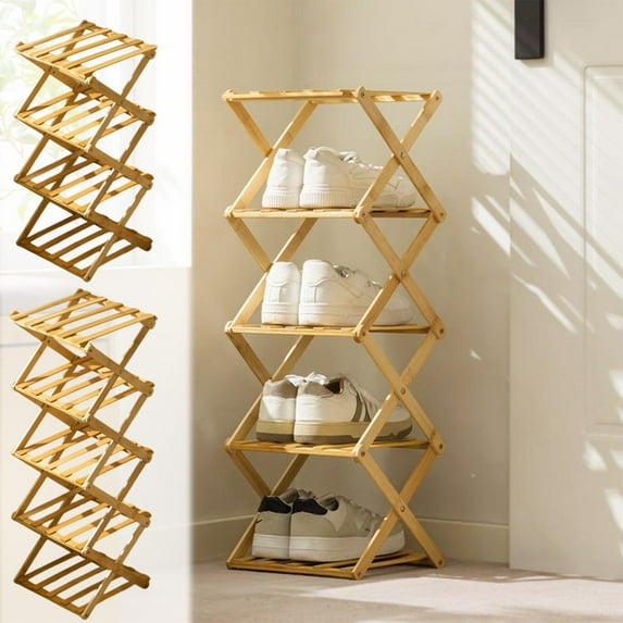 CQCYD under $5 5 Tier Bamboo Shoe Rack, Portable Folding Free Standing Shoes Organizer Shoe Storage Rack, Small Shoe Rack Perfect for Corridors, Bedrooms and Small Spaces