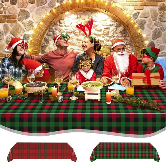 CQCYD under $5 Christmas Buffalo Checkered Plaid Party Tablecloth Decorations, Plastic Red and Green Xmas Rectangle Table Cover Backdrop for Christmas Winter Holiday Party Supplies