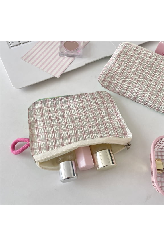 under $5 Cosmetic Bag for Women, Knitted Checkered Makeup Bag Large Zipper Make Up Accessory Pouch for Purse Cosmetic Brush Bag for Travel Essential