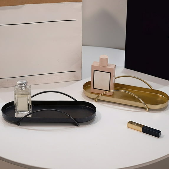 CQCYD under $5 Decorative Tray Decor, Metal Vanity Tray, Coffee Table Centerpieces for Ottoman Dining Living Room - Oval Modern Farmhouse Serving Trays for Kitchen Counter Entryway Home