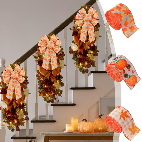 CQCYD Under $5 Fall Ribbons for Crafting and Gift Wrapping, Thanksgiving Wired Edge Pumpkin Maple Leaf Buralp Ribbon Bow Autumn Pumpkins Farmhouse Style Decorations