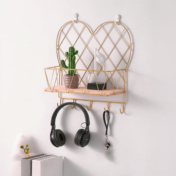 CQCYD under $5 Floating Wall Shelves,Wall Mounted Storage Shelves Holders with 5 Hooks,Iron Decorative Wall Storage Mesh Racks for Living Room Bedroom Kitchen Bathroom Wall Decoration Racks