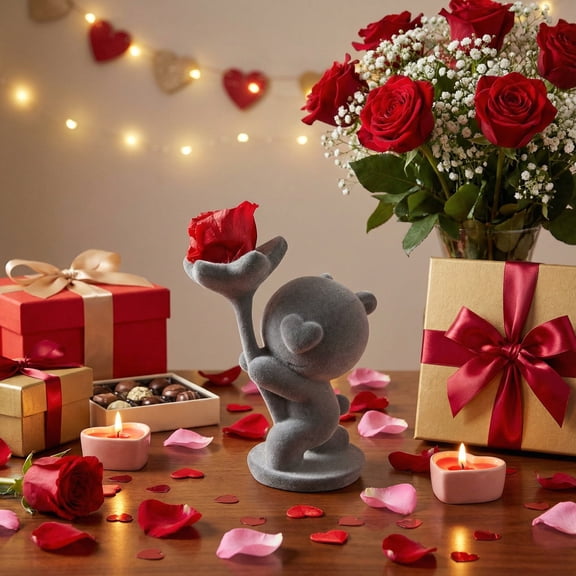 CQCYD under $5 Flocking Bear Rose Ornament, Flocking Bear Forever Rose Arrangement,Valentines Day Romantic Decor,Resin Flower Bear Ornament,Desktop Home Decoration Gift,Kneeling Bear Rose Sculpture