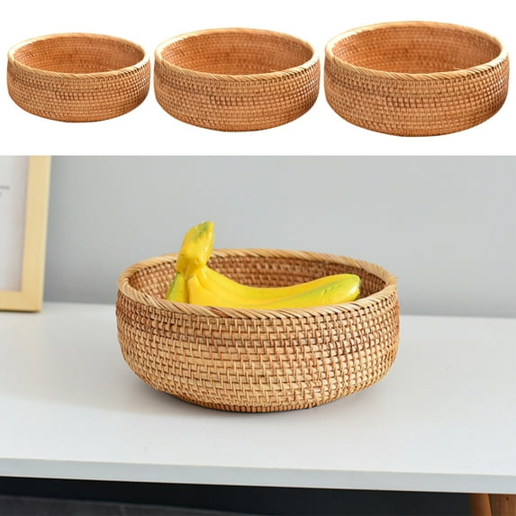 CQCYD under $5 Hadewoven Round Rattan Fruit Basket Wicker Food Tray Weaving Storage Holder Dinning Room Bowl, Woven Bread Basket Key Bowls for Table, Countertop