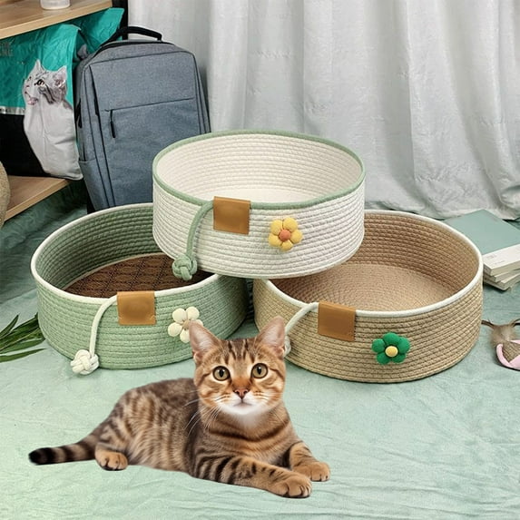 CQCYD Under $5 Hand Woven Cat Bed Natural Cotton Rope Cat Scratch Pad Cozy Cat Scratching Mat with Cat Ball Toy Cat Furniture Protector for Wall, Couch, Carpets, Sofas