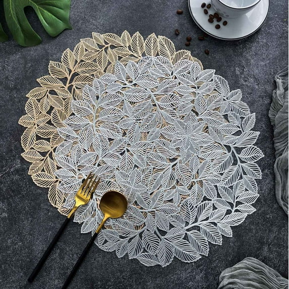 CQCYD Under $5 Leaf Gold Placemats Pressed Vinyl Place Mats Washable and Wipeable Round Placemats Hollow Out Non-Slip Metallic Decorative Table Mats for Dining Table Kitchen Decor