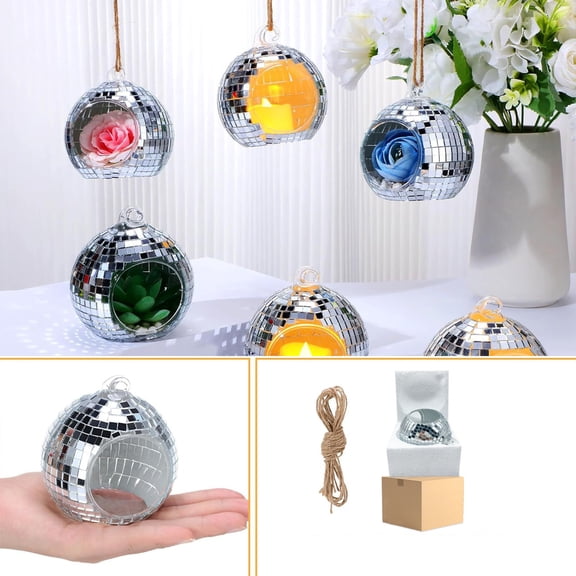 CQCYD under $5 Mirror Disco Ball, Large Silver Hanging Disco Ball with Side Open Candle Holder Planter Vases Air Plant Holder Tealight Candle Stand for Centerpieces Wedding