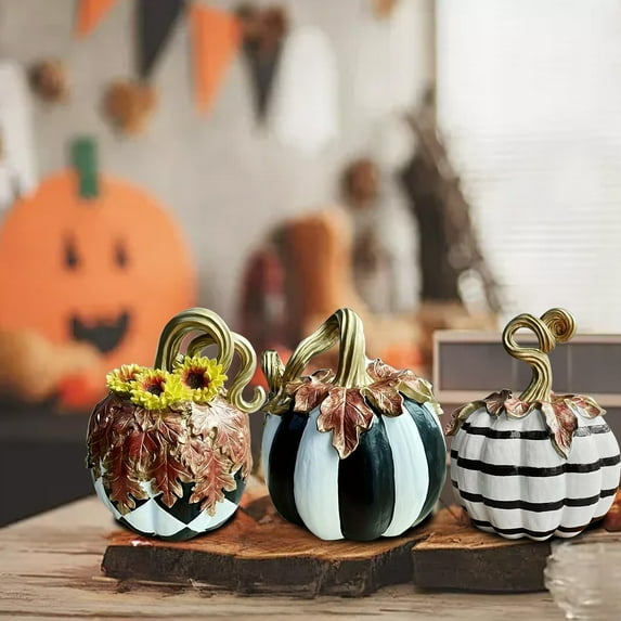 CQCYD under $5 Resin Pumpkins, Halloween Black and White Resin Pumpkins – Modern Fall Decorative Pumpkin with Gold Stems Striped Designs for Autumn Thanksgiving Tabletop Tray Centerpeice Decor