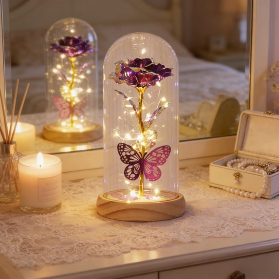 CQCYD under $5 Rose Night Light, Preserved Rose Glass Dome Night Light, LED Butterfly Crystal Flower Lamp, Valentine's Day Birthday Gift, Romantic Bedroom Decor, Decorative Centerpiece Light
