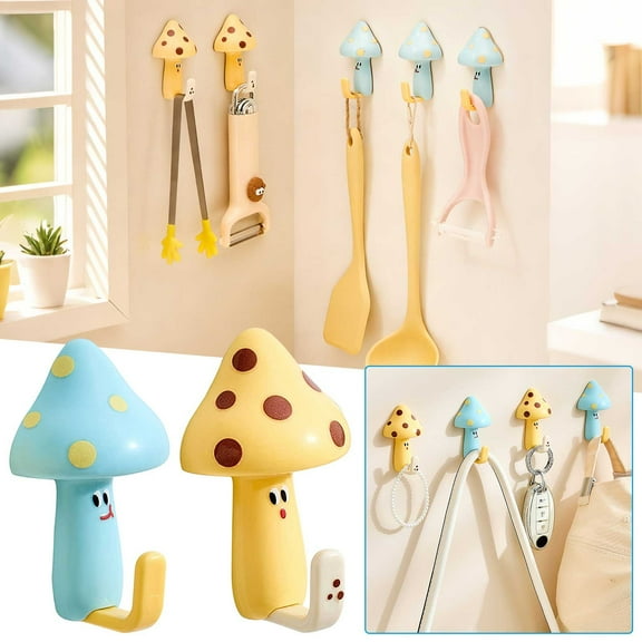 CQCYD under $5 Wall Mounted Hooks, 2 Pcs Mushroom Shaped Wall Hooks, Seamless Adhesive Kitchen Utensil Rack, Household Multi Purpose Hooks, Damage Free Wall Mount Hangers