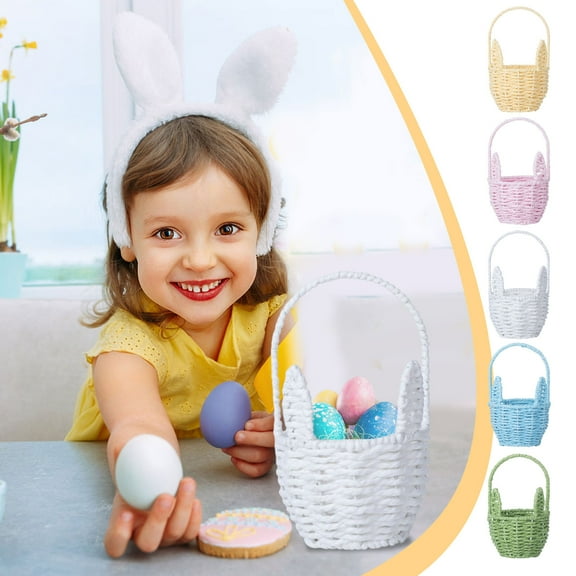 CQCYD 5Pcs Easter Bunny Basket, Woven Iron Storage Tote Bag For Easter Eggs CandyKidsGift Spring Holiday Party Decor Long Ears Bunny Basket Home Decorations