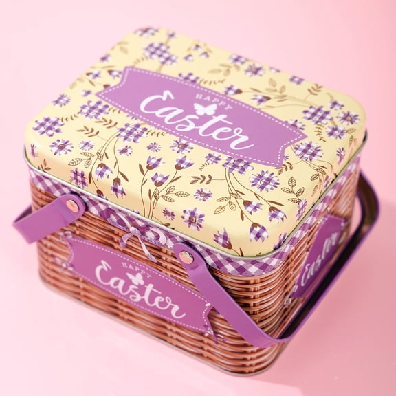 CQCYD Easter Decoration Tin Box, Easter Bunny Tinplate Storage Box With Handles, Rattan Woven Basket With Colorful Metal Lid For Easter Egg Hunt And Spring Home Decor