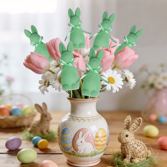 CQCYD Easter Decorations Bunny Branch, Easter Bunny Synthetic Embroidered Bowtie Flocked Branch, Faux Fur Rabbit Ornament for Vase Centerpiece and Spring Home Table Decor