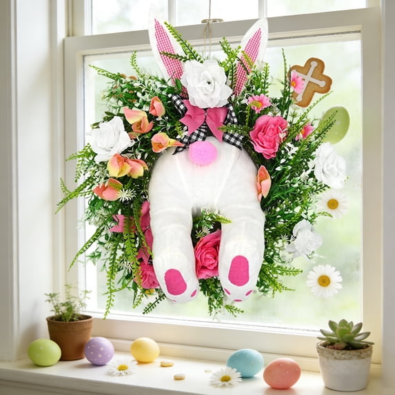 CQCYD Easter Wreath, Artificial Flower Wreath Festive Tabletop Candlestick Wreath Decor Indoor Outdoor Spring Home Door Wall Decorations Bunny Rabbit Decor