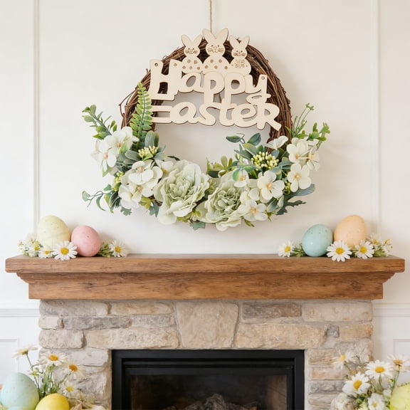 CQCYD Easter Wreath Wall Hanging, Easter Decorations for Front Door, Spring Wreath Wall Decor, Plastic Easter Wreath for Living Room Bedroom and Indoor Wall Decor