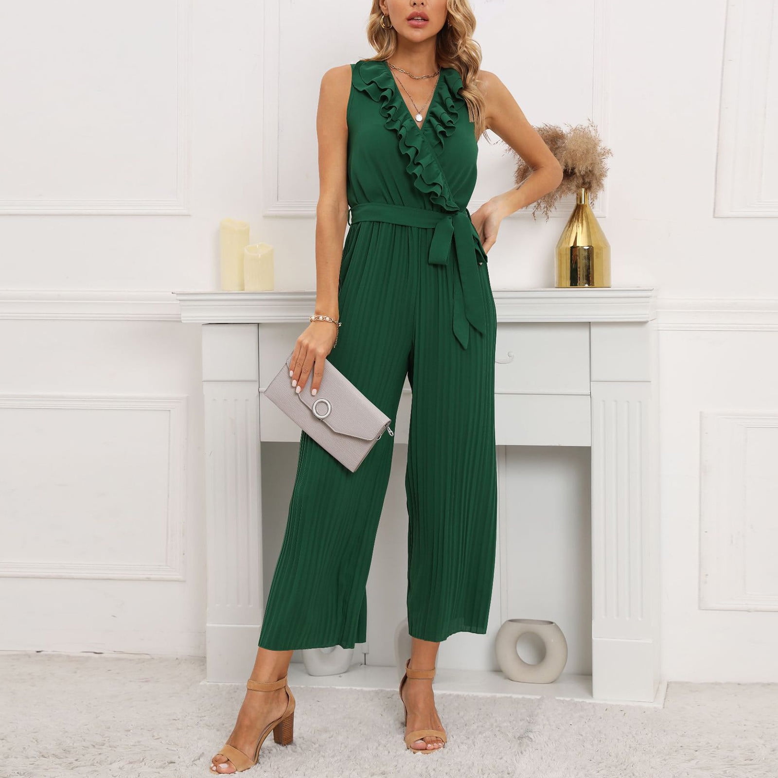 Jumpsuits for Women Dressy Summer Wide Leg Pants High Waist Wide Leg Romper  with Pockets One Piece Casual Outfits Jumpsuits for Women Dressy Wedding Red  XL 