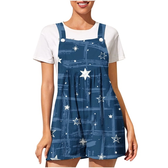 pstuiky Jumpsuits for Women, Women's Printed Button Pocket One-Piece Shorts Wide Leg Pants Suspenders One-Piece Shorts Leisure Jumpsuits Navy L #14