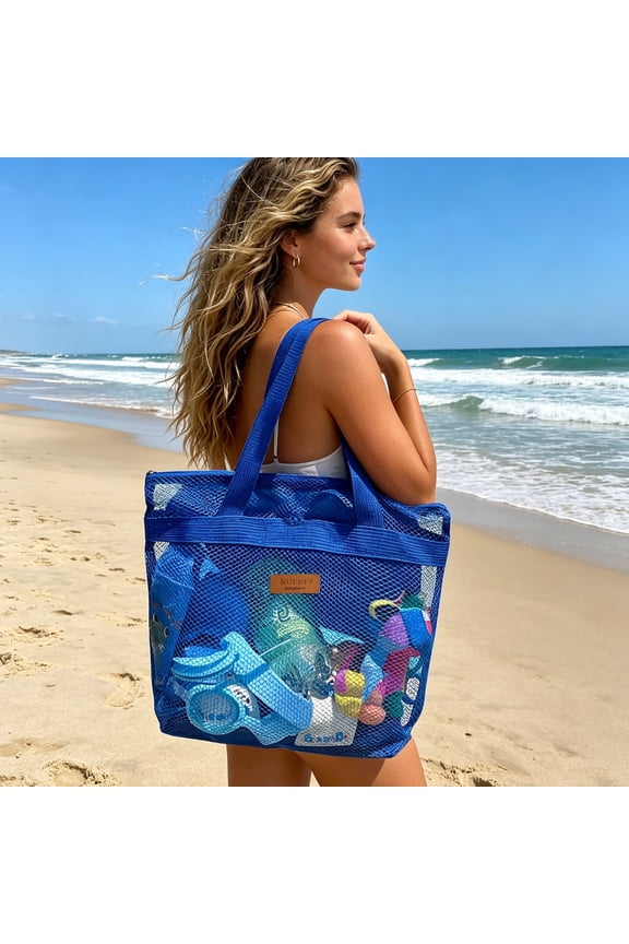 Mesh Beach Tote Bag, Breathable Quick-Dry Swimming Travel Handbag for Adults, Portable Foldable Shoulder Carryall, Black Blue Gray