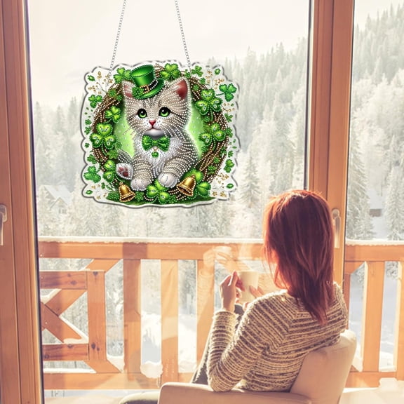 CQCYD St. Patrick's Day Diamond Art, St. Patrick's Day Cats Hanging Diamonds Paintings Kit, 3D Diamond Embroidery Craft with Shamrock Decor for Home Wall and Room Decor