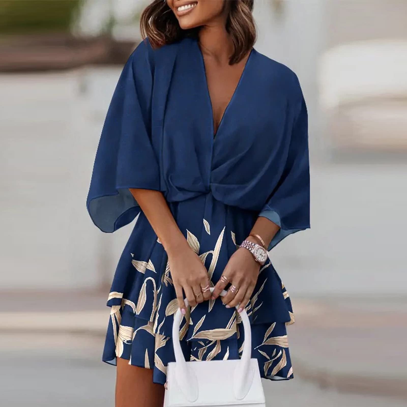 pstuiky Summer Dress, Women Dress Half-Sleeve Printed Hem Frilly Irregular Dress V-Neck Short-Sleeved Dress Mini Skirt High Waist Retraction Waist Dress Sales Today Clearance Blue M
