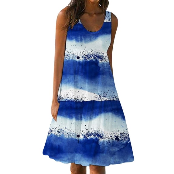 CQCYD Summer Dresses 2023, Women Printed Sleeveless Crew Neck Dress Loose Beach Dress Holiday Dress and Ankle Dress Leisure Sales Today Clearance Blue L