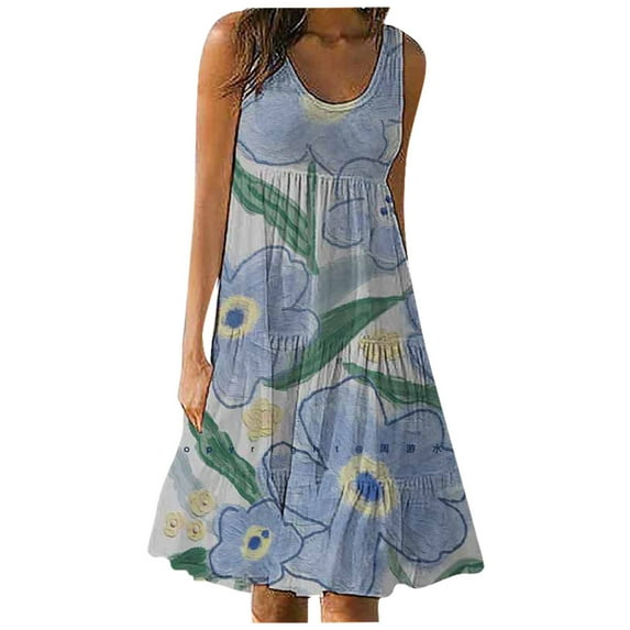 CQCYD Summer Dresses 2023, Women Printed Sleeveless Crew Neck Dress Loose Beach Dress Holiday Dress and Ankle Dress Leisure Sales Today Clearance Blue XL