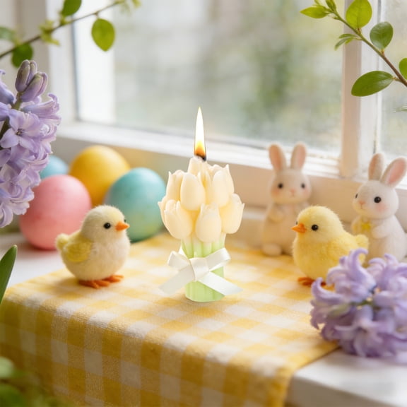 CQCYD Tulips Scented Candle Gift, Spring Floral Bouquet Wax Candle Ornament, Handmade Home Decor for Mother's Day, Easter, Valentine's Day, 3.9x2.3 Inch Decorative Candle for Table Centerpiece,