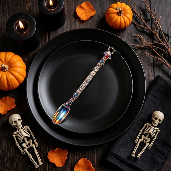 CQCYD Under $5 Halloween Cutlery Spoons, Diamond Embellished Shovels Spoons, Alloy Skeleton Decor Spoon for Party Tableware Decor Accessory