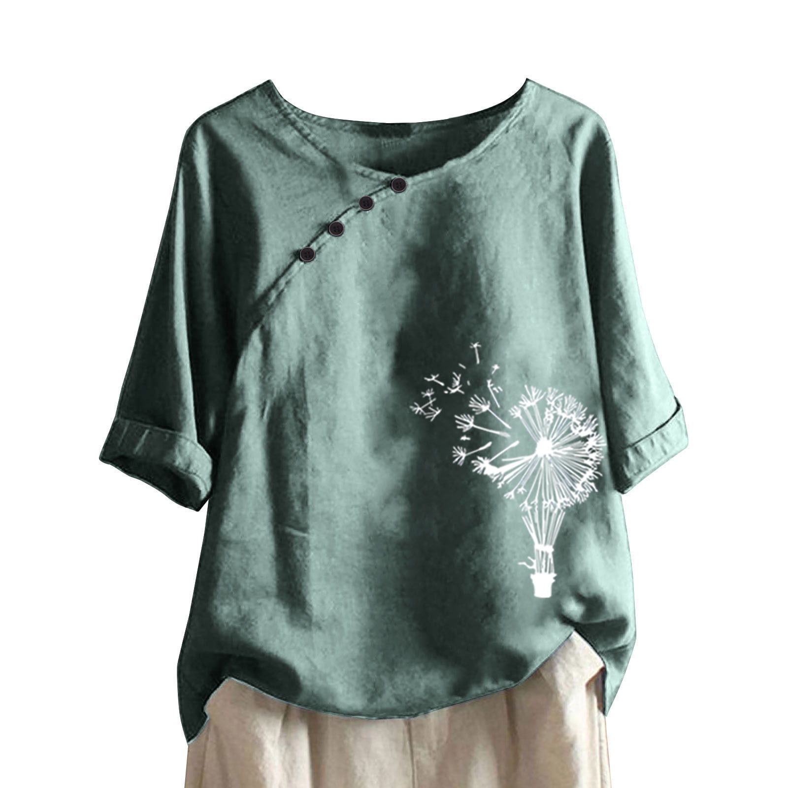 CQCYD Womens Linen Tops, Women Cotton and Linen T-Shirt Plus Size T-Shirt  Solid Color Crewneck Short Sleeve Top Printed Pullover Seven-Point Sleeve  Top Sales Today Clearance Green M 