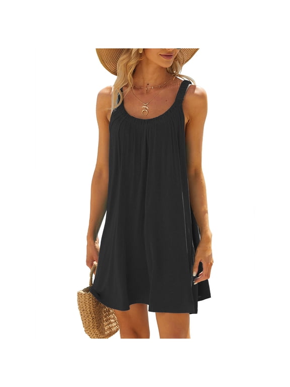Holiday Gifts! pstuiky Summer Dresses for Women, Slip Dress Solid Color Sleeveless Crew Neck Sundresses Knee Length Dresses Homecoming Dresses Honeymoon Black XL
