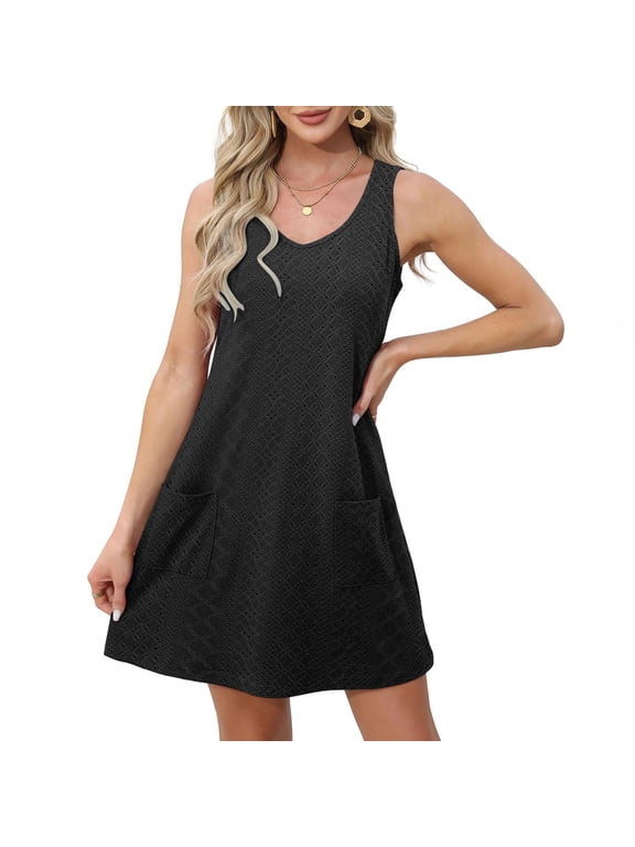 Summer Dress, Slip Dress Solid Color Sleeveless Crew Neck Sundresses with Pockets Knee Length Dresses Evening Dresses for Women Anniversary Black XL