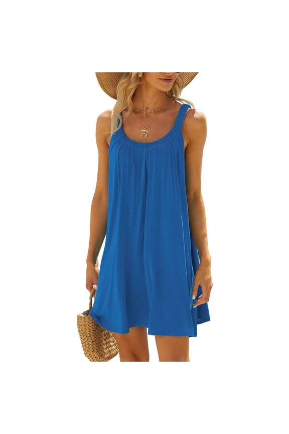 Sundresses for Women , Slip Dress Solid Color Sleeveless Crew Neck Sundresses Knee Length Dresses Prom Dress Graduation Blue M