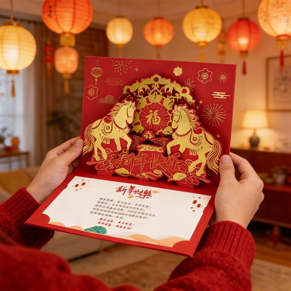 CQCYD Year Of Horse Greeting Cards, 2026 Chinese New Year Three Dimensional Red Foil Embossed Handmade Lunar Year Card With Envelope Spring Festival Gifts For Family Friends