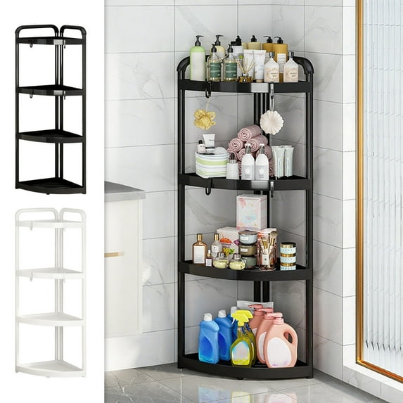 CQCYD under $5 4 Tier Floor Standing Shower Caddy Corner, Plastic Bathroom Organizer Shelf Rack for Storage Shampoo, Body Wash Care, Skincare