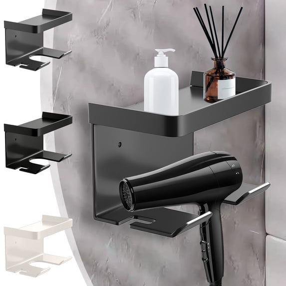 CQCYD under $5 Hair Dryer Holder Wall Mounted, Self-Adhesive Blow Dryer Organizer with Shelf Hair Brush Holder Wall Mount Organizer for Bathroom