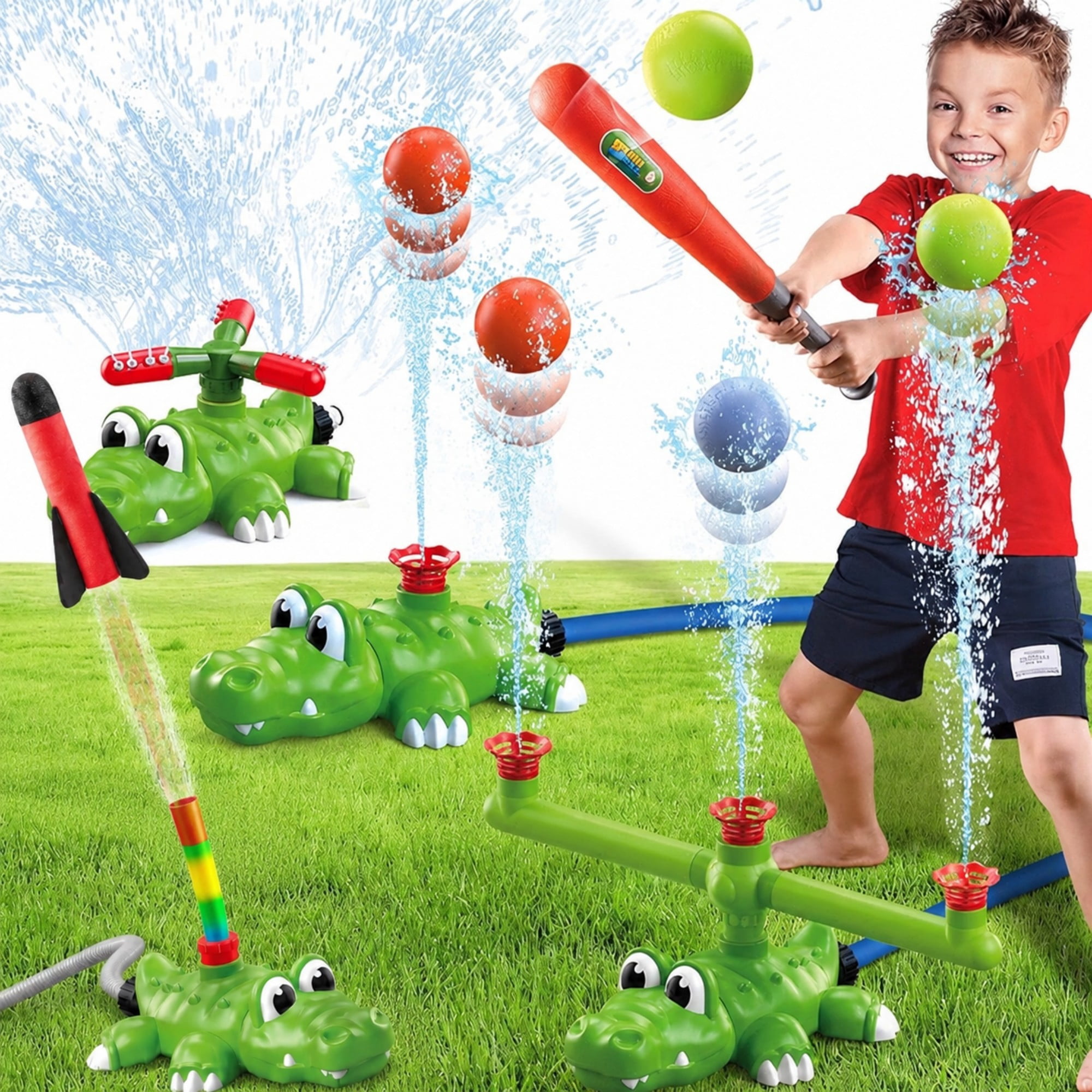 CQHVKQ 2-in-1 Kids Water Sprinklers & Rocket Launch Game Toy, Crocodile Rocket Launcher Sprinkler for Backyard, Outside Yard Water Toys for Boys Girls, Summer Toddlers Outdoor Toys for Kids Ages 4-8