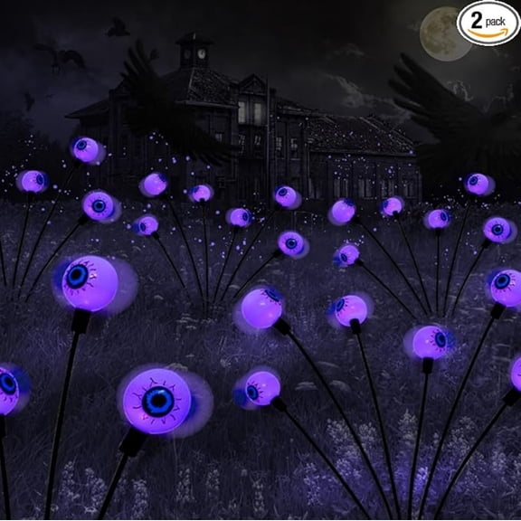 CQHVKQ 28" Halloween Decorations Outdoor Solar Scary Eyeball Lights, 2 Packs 12 Purple LED Eyeball Swaying Firefly Garden Pathway Lights, Waterproof Solar Halloween Path Lights for Yard, Garden