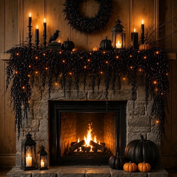 CQHVKQ 3.3 Ft Halloween Mantle Garland with Light, Lighted Black Vine Garlands, Artificial Halloween Moss Light Up Garland, Battery Operated Halloween Garlands for Mirror Fireplace Mantel Decor