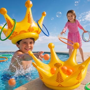 CQHVKQ 3-in-1 Ball & Ring Toss Game Set with 2 Inflatable Crowns 12", Inflatable Float Games & Dive Rings Pool Toys for Outdoor, Backyard and Lawn Game, Summer Toys for Kids Ages 4-8