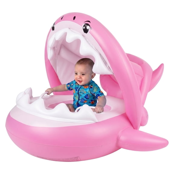 CQHVKQ 31" Inflatable Baby Pool Float with Detachable Canopy, Shark Shaped Baby Swimming Ring with Handles, Toddler Inflatable Swimming Float with Safety Seat, Infant Pool Float 0-3 Years, Pink