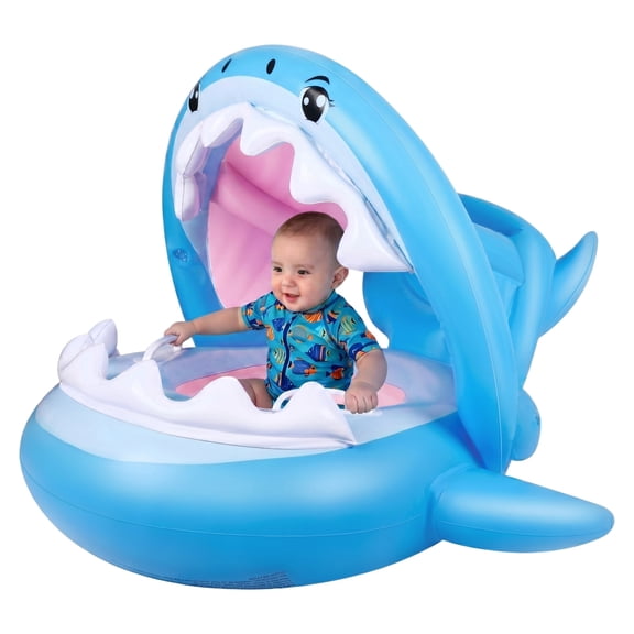 CQHVKQ 31" Inflatable Baby Pool Float with Detachable Canopy, Shark Shaped Baby Swimming Ring with Handles, Toddler Inflatable Swimming Float with Safety Seat, Infant Pool Float 0-3 Years, Blue