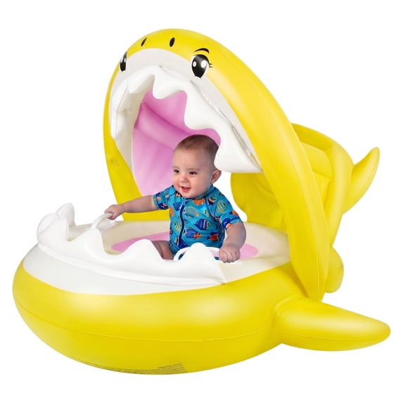 CQHVKQ 31" Inflatable Baby Pool Float with Detachable Canopy, Shark Shaped Baby Swimming Ring with Handles, Toddler Inflatable Swimming Float with Safety Seat, Infant Pool Float 0-3 Years, Yellow