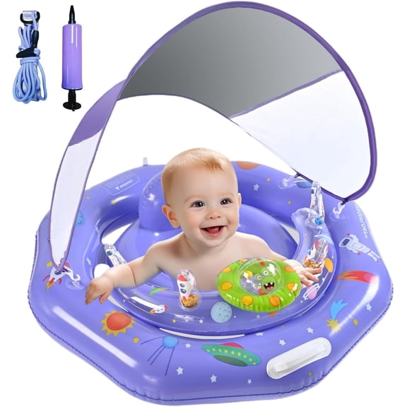 CQHVKQ 34" Inflatable Baby Pool Float with Canopy, Baby Swimming Ring with Interactive Toy Play Console & Adjustable Safety Seat, Toddler Inflatable Swimming Float for 0-3 Years, Purple