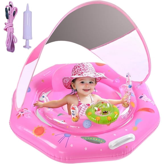 CQHVKQ 34" Inflatable Baby Pool Float with Canopy, Baby Swimming Ring with Interactive Toy Play Console & Adjustable Safety Seat, Toddler Inflatable Swimming Float for 0-3 Years, Pink