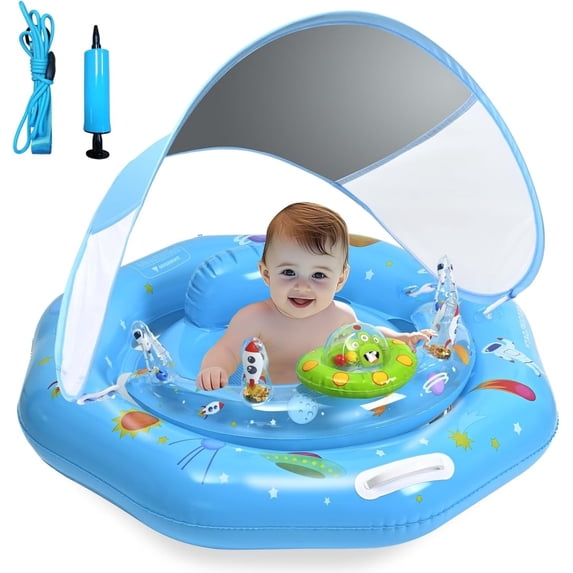 CQHVKQ 34" Inflatable Baby Pool Float with Canopy, Baby Swimming Ring with Interactive Toy Play Console & Adjustable Safety Seat, Toddler Inflatable Swimming Float for 0-3 Years, Blue