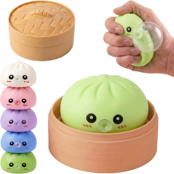 CQHVKQ 4" Dumpling Squishy Mystery Box, Rainbow Mystery Dumpling Squishy with Blowing Bubbles, Dumpling Stress Squeeze Ball with Steamer Box, Stress Relief Squishy Dumpling Toys for Kids, Green
